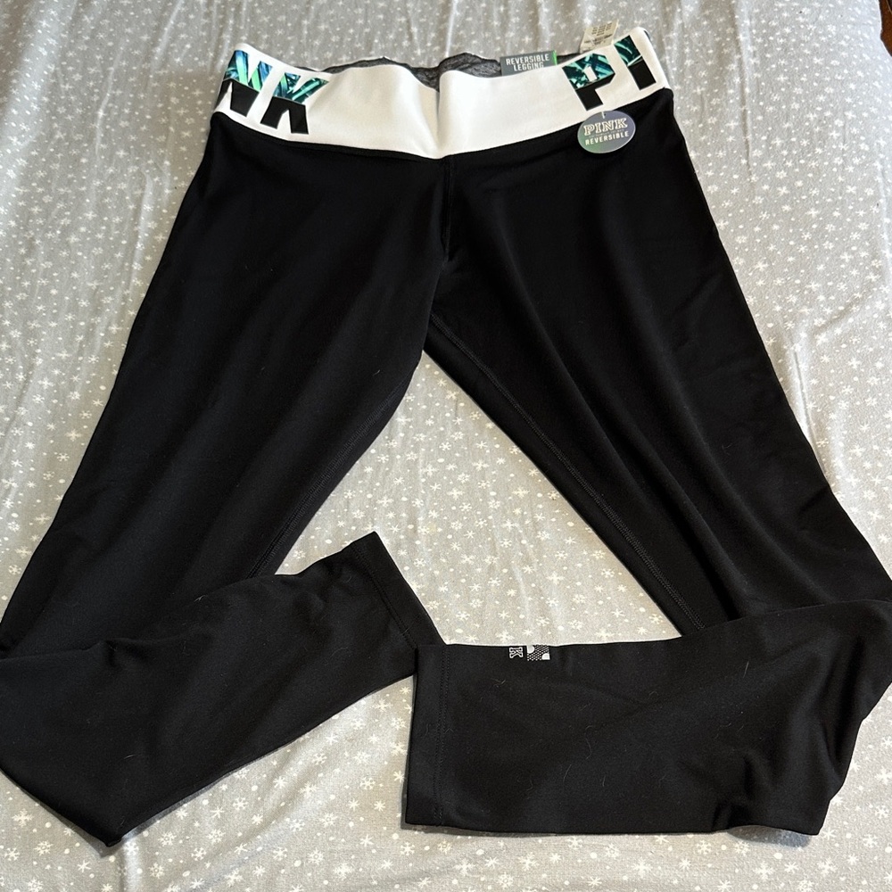 PINK Victoria's Secret Black womens Leggings with White Waistband